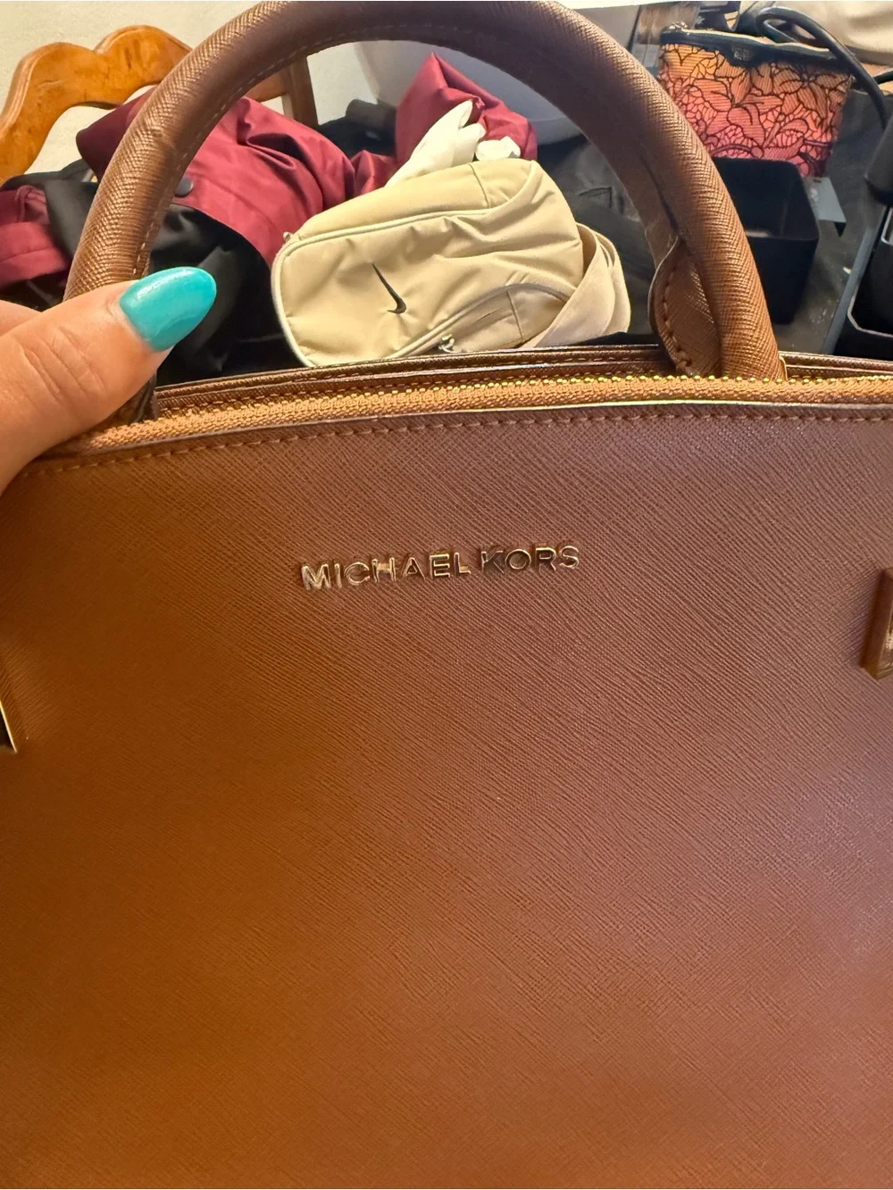Michael Kors Cognac Saffiano Leather Satchel with Gold Accents